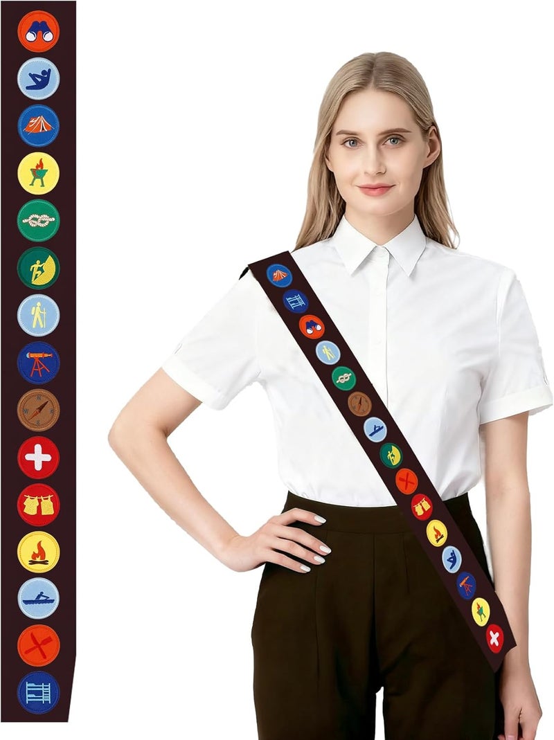 Hisxierng 18PCS Halloween Girl Scout Costume Set with Brown Satin Sash Beret Hats for Women Browm Neck Scarf for Women Embroidered Scout Patch Badge for DIY Costume Party Dress Up Wildness Outdoor Exploring - Image 1